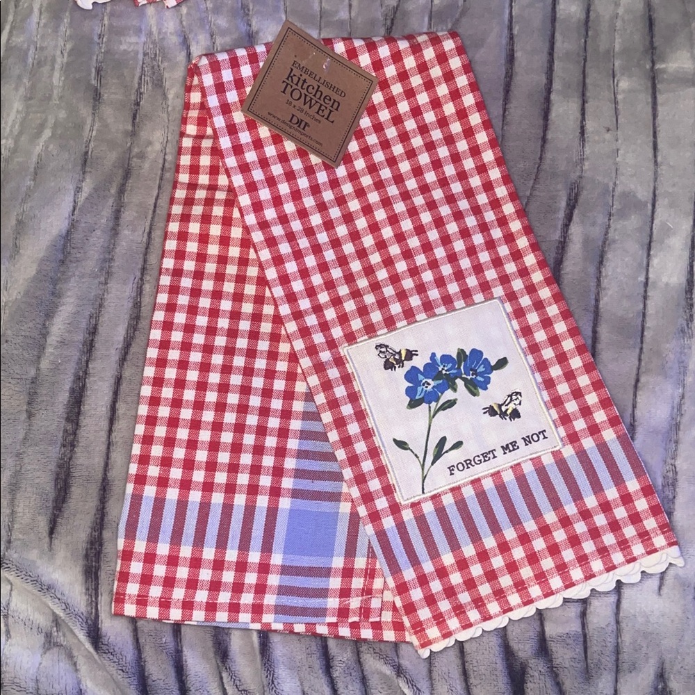 Red Gingham 'Forget Me Not' Embroidered Kitchen Towel